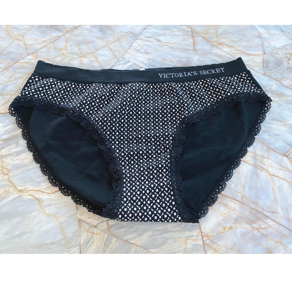 Victoria's Secret Hiphugger Panty Black Pink Geometric Lace Trim Logo Waist S